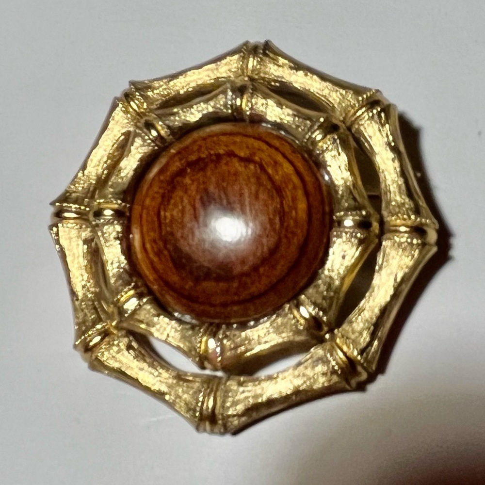 Gold brooch with round wooden “gem”